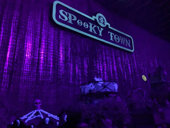 The SpookyTown sign and miniature Halloween display